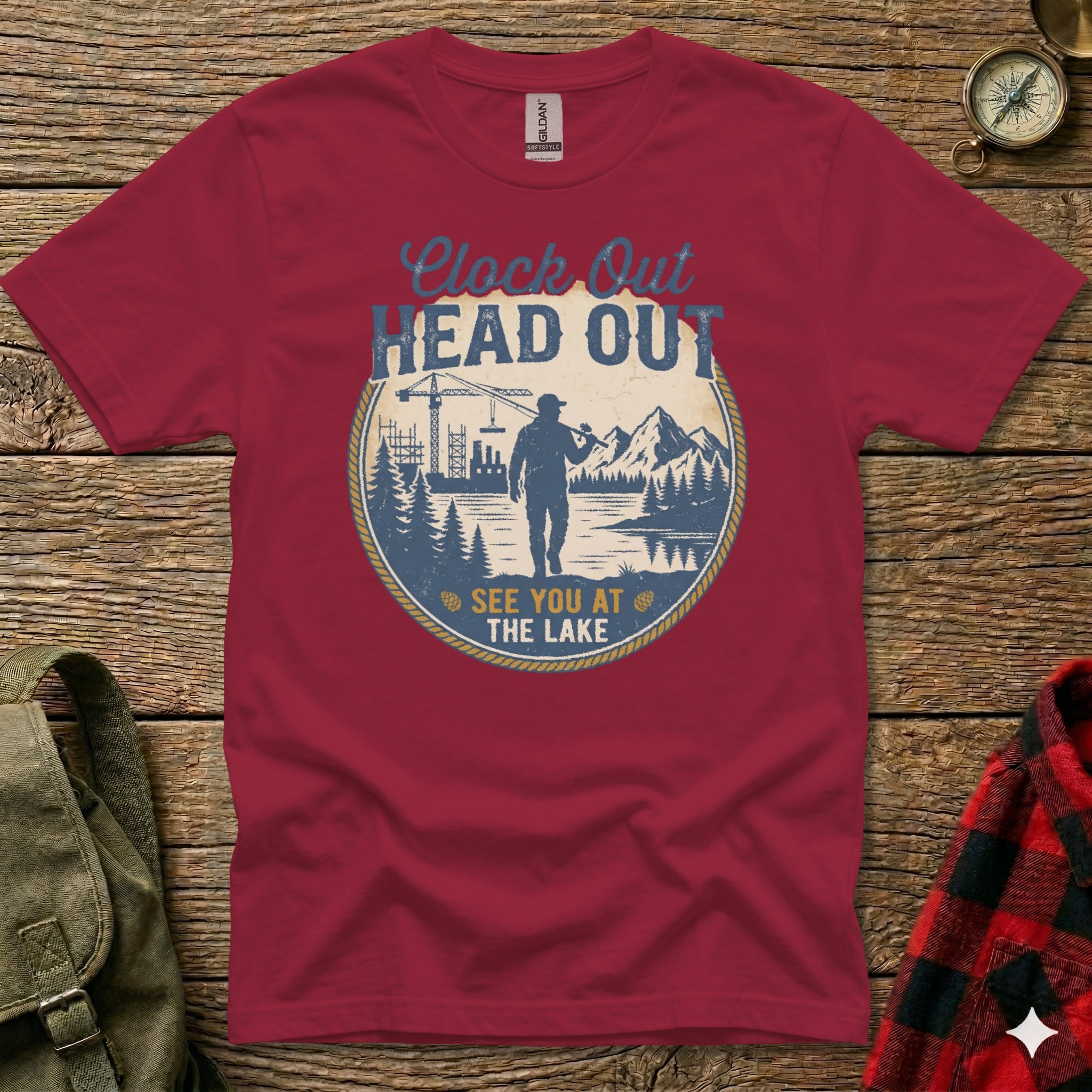 Maroon t-shirt with "Clock Out, Head Out, See You at the Lake" graphic.
