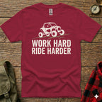 Maroon t-shirt with white graphic: UTV and text "WORK HARD RIDE HARDER".