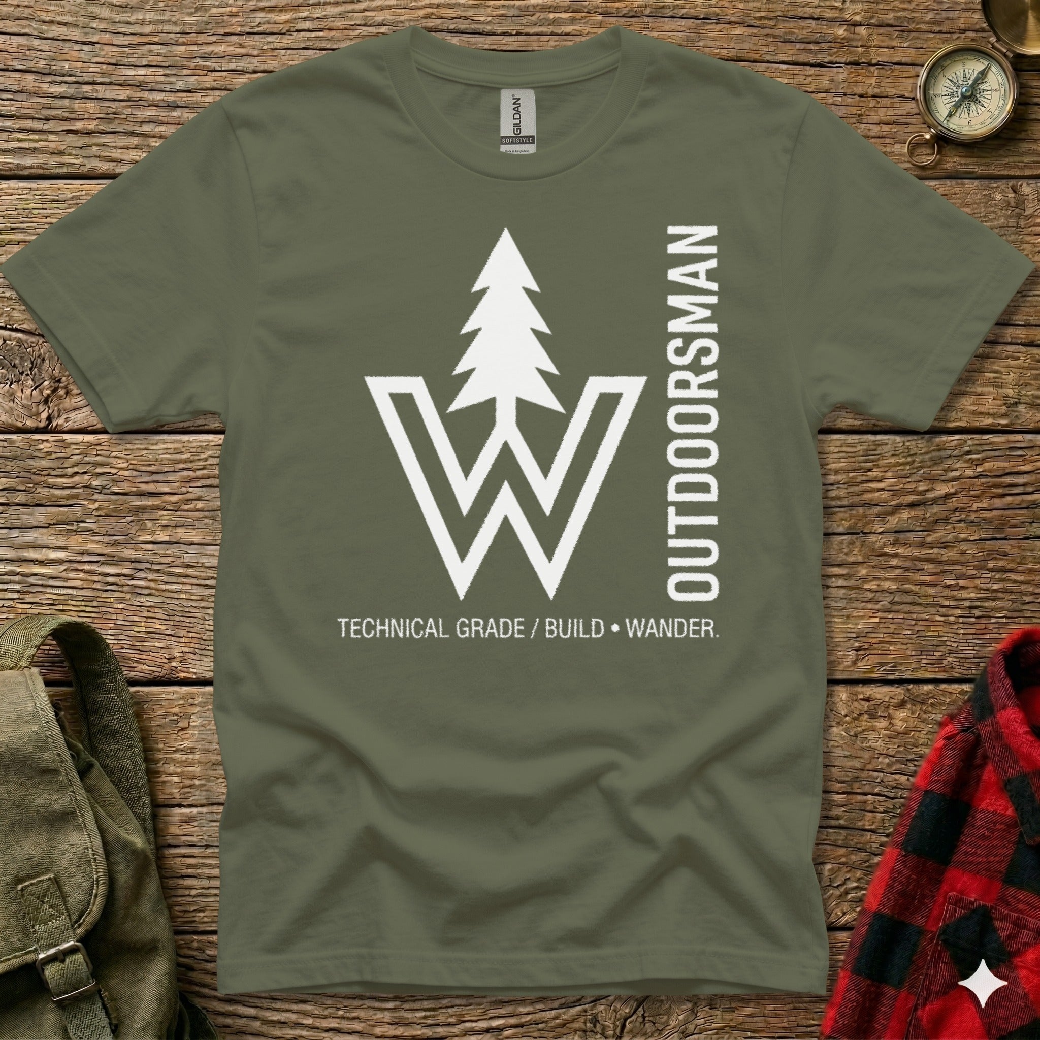 Green t-shirt with white tree and "OUTDOORSMAN" text.