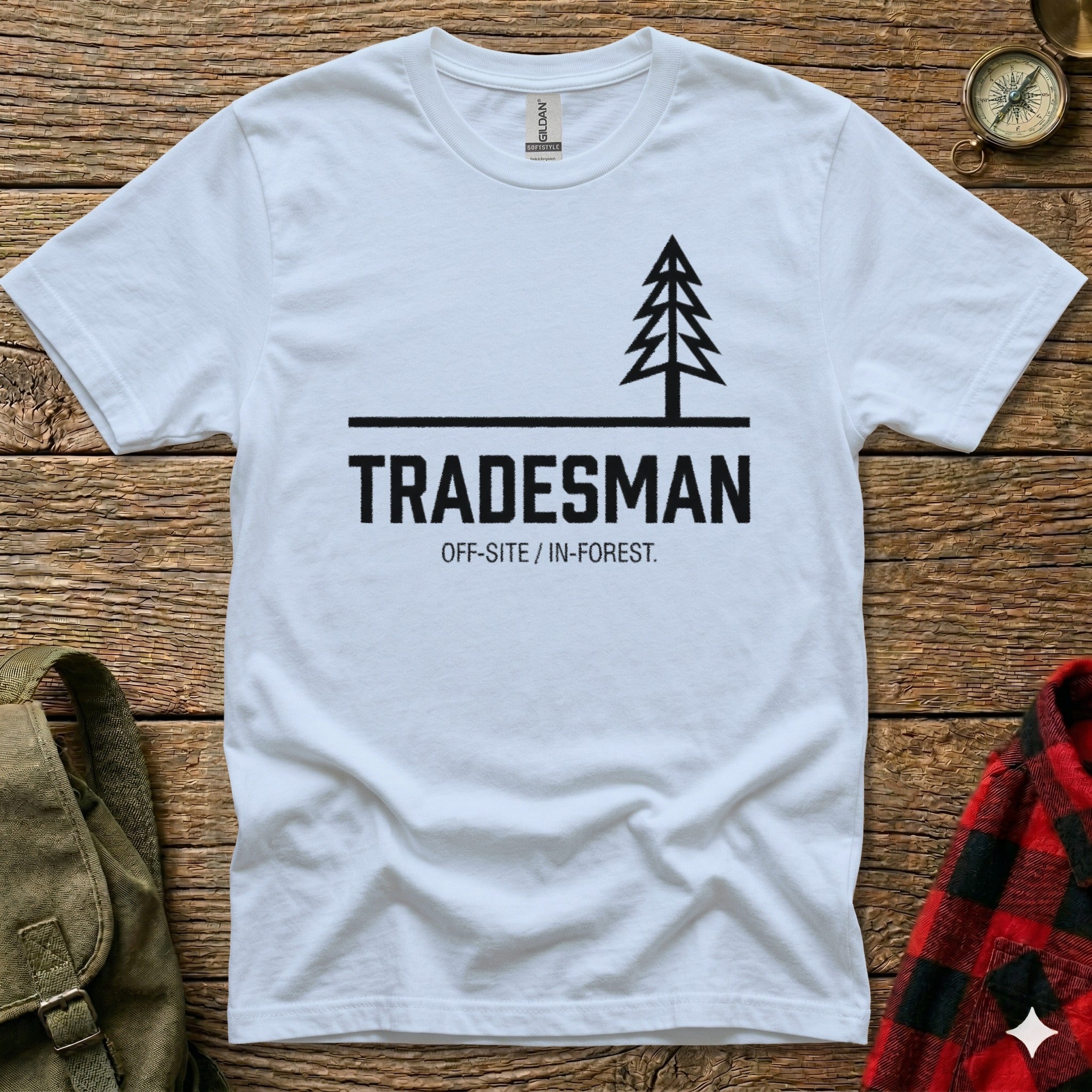 White t-shirt with "TRADESMAN" and "OFF-SITE / IN-FOREST." text.