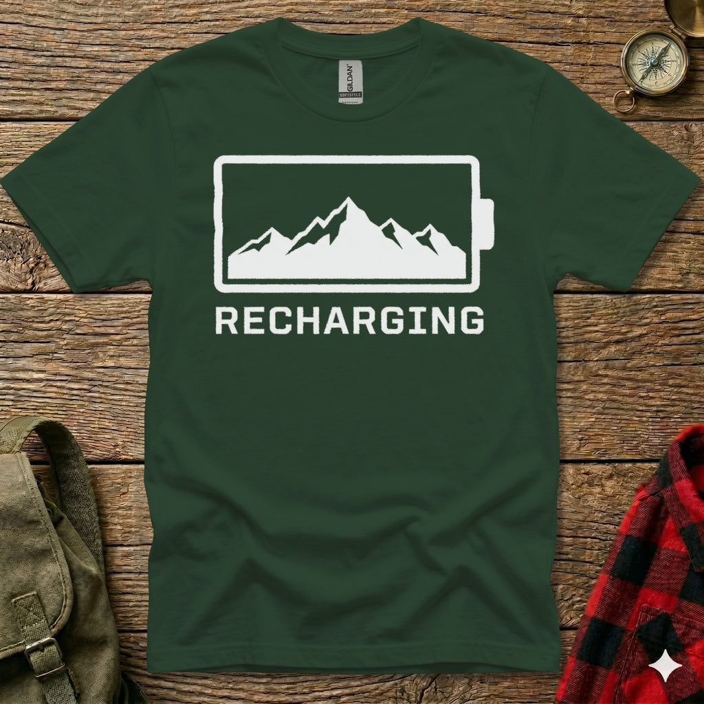 Green t-shirt with "RECHARGING" and mountain silhouette within a battery icon.