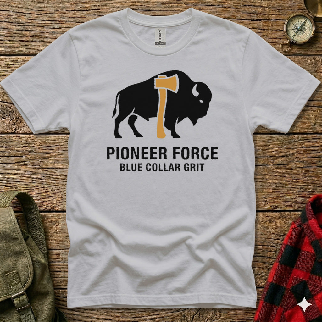 White t-shirt with buffalo and axe graphic, "PIONEER FORCE BLUE COLLAR GRIT" text.