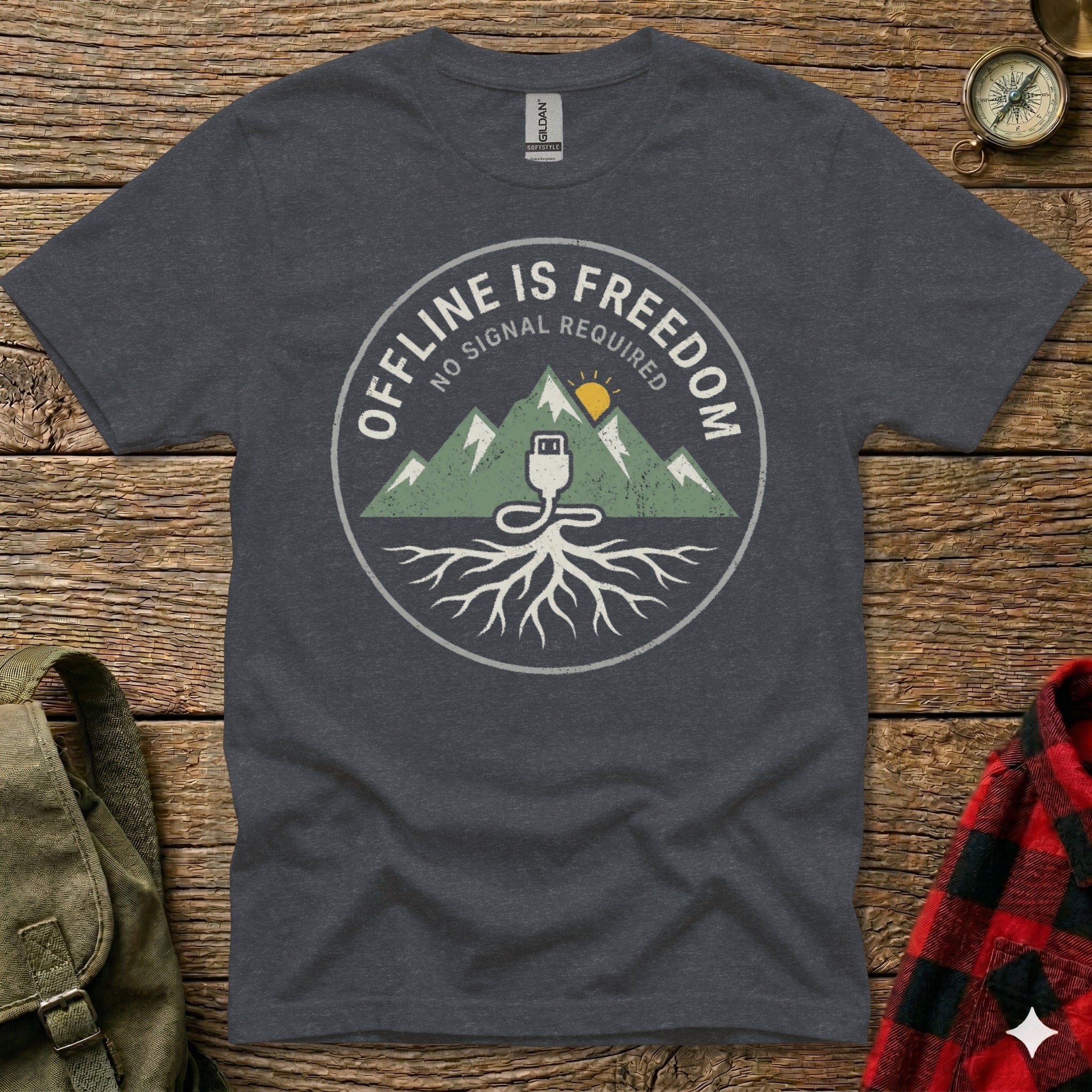 Charcoal t-shirt with circular graphic: mountains, roots, and USB symbol.