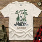 White t-shirt with graphic of lunch bag hanging from tree branch labeled "Cloud Storage".