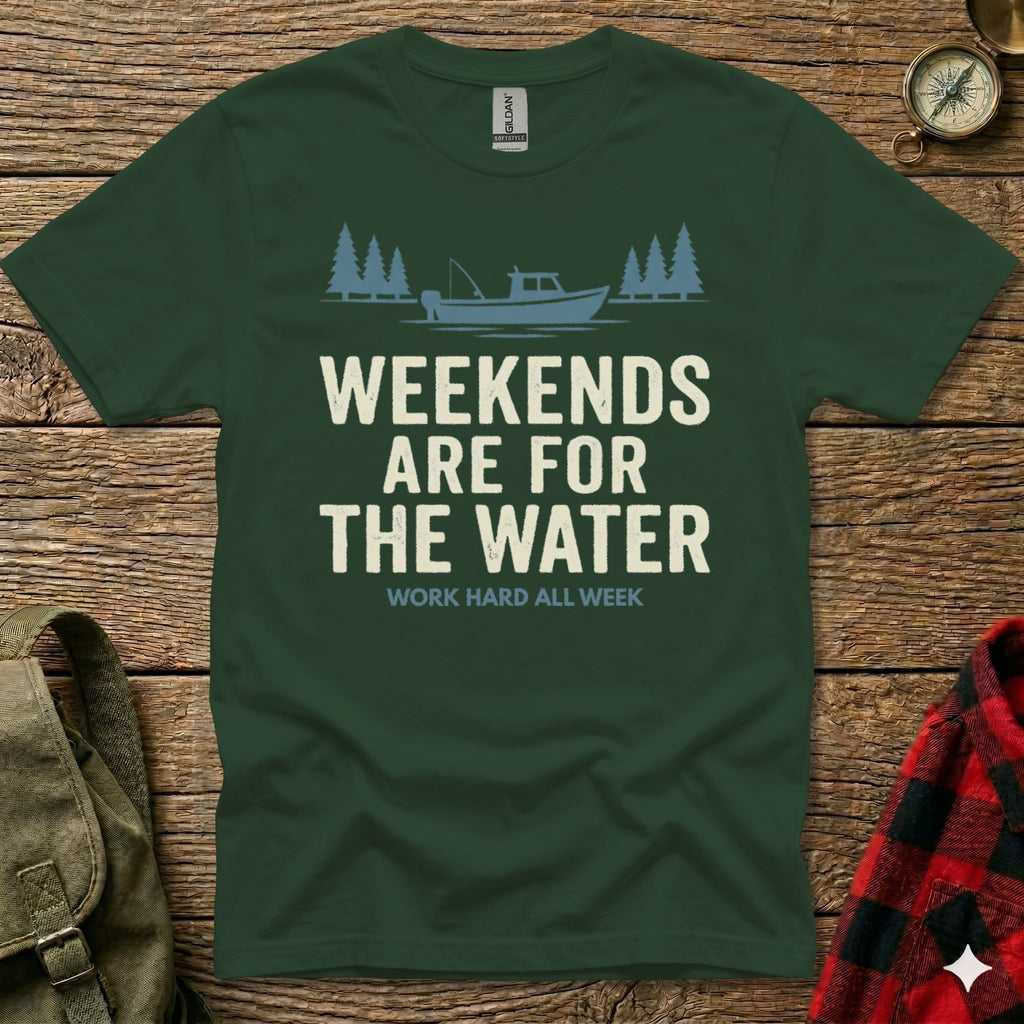 Green t-shirt with "Weekends Are For The Water" text and boat graphic.