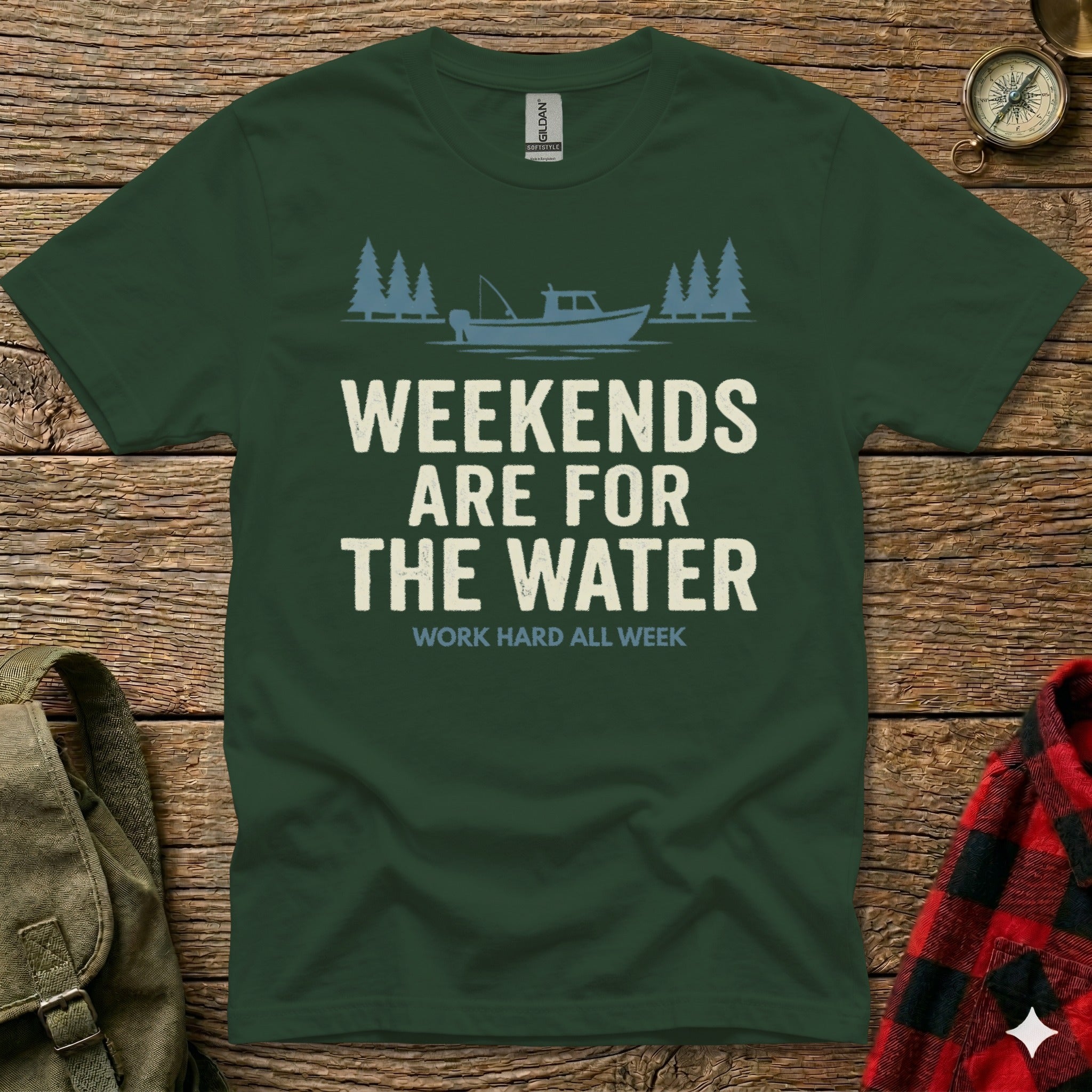 Green t-shirt with "Weekends Are For The Water" text and boat graphic.