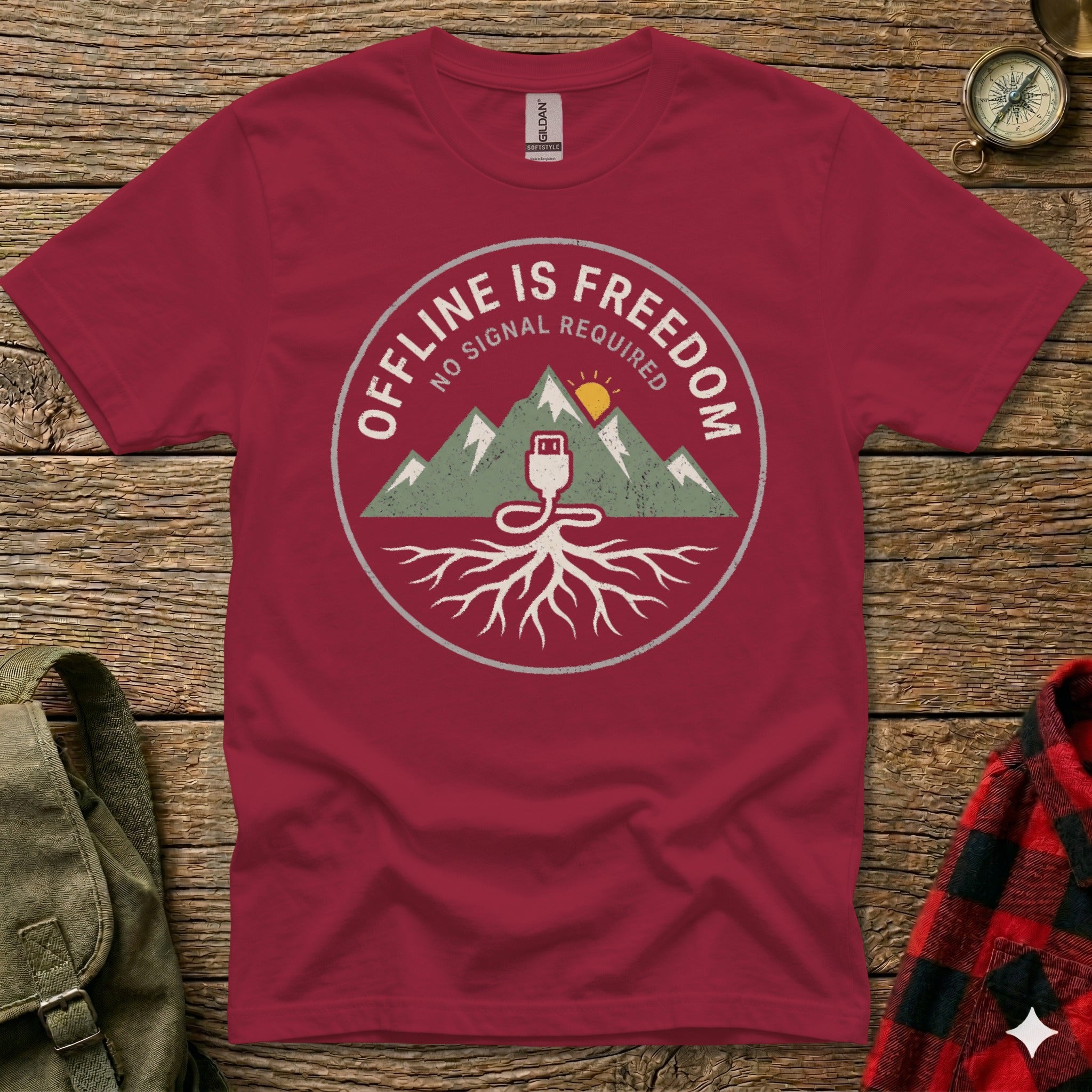 Maroon t-shirt with "OFFLINE IS FREEDOM NO SIGNAL REQUIRED" text and mountain graphic.