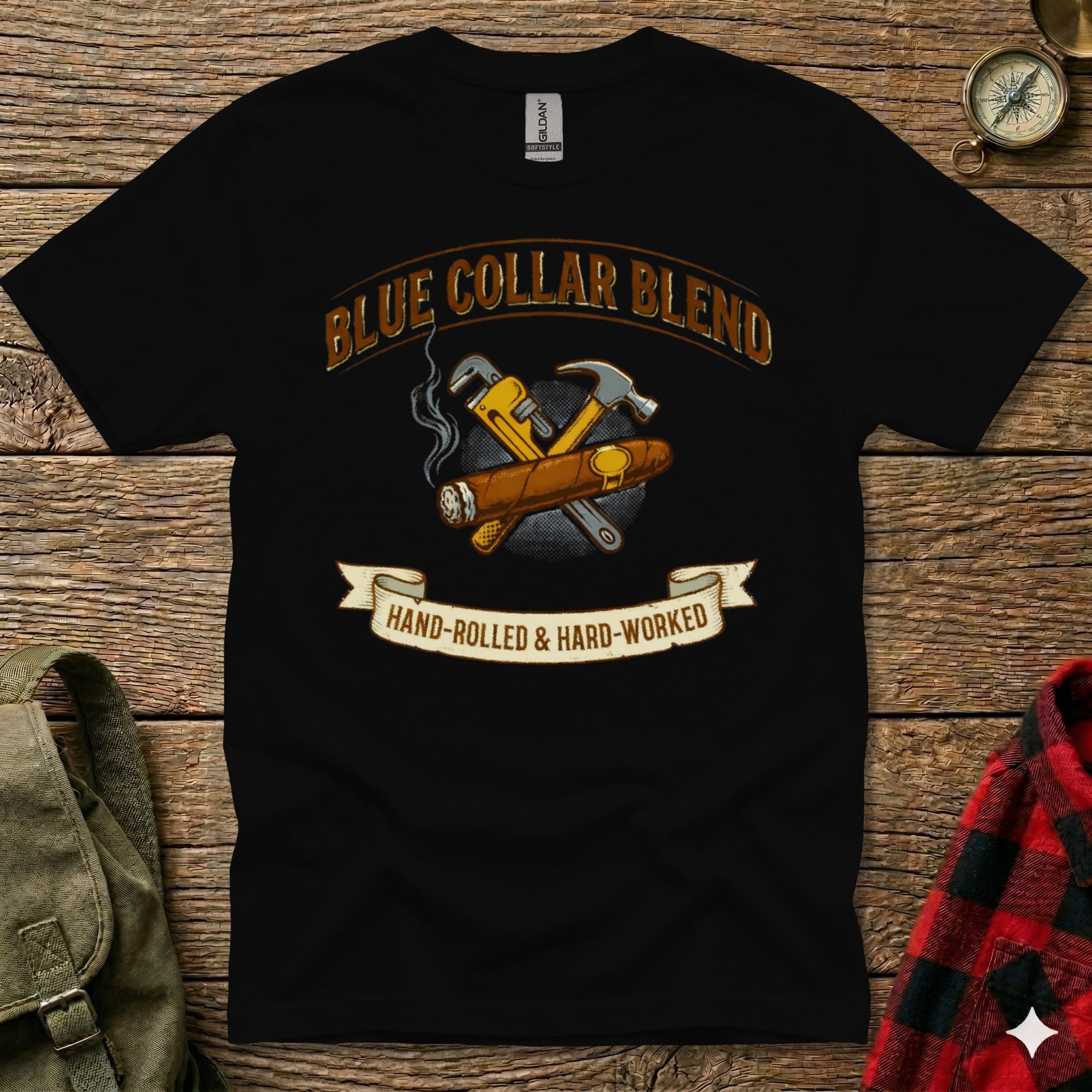 Black t-shirt with "Blue Collar Blend" text and cigar, hammer, and wrench graphic.