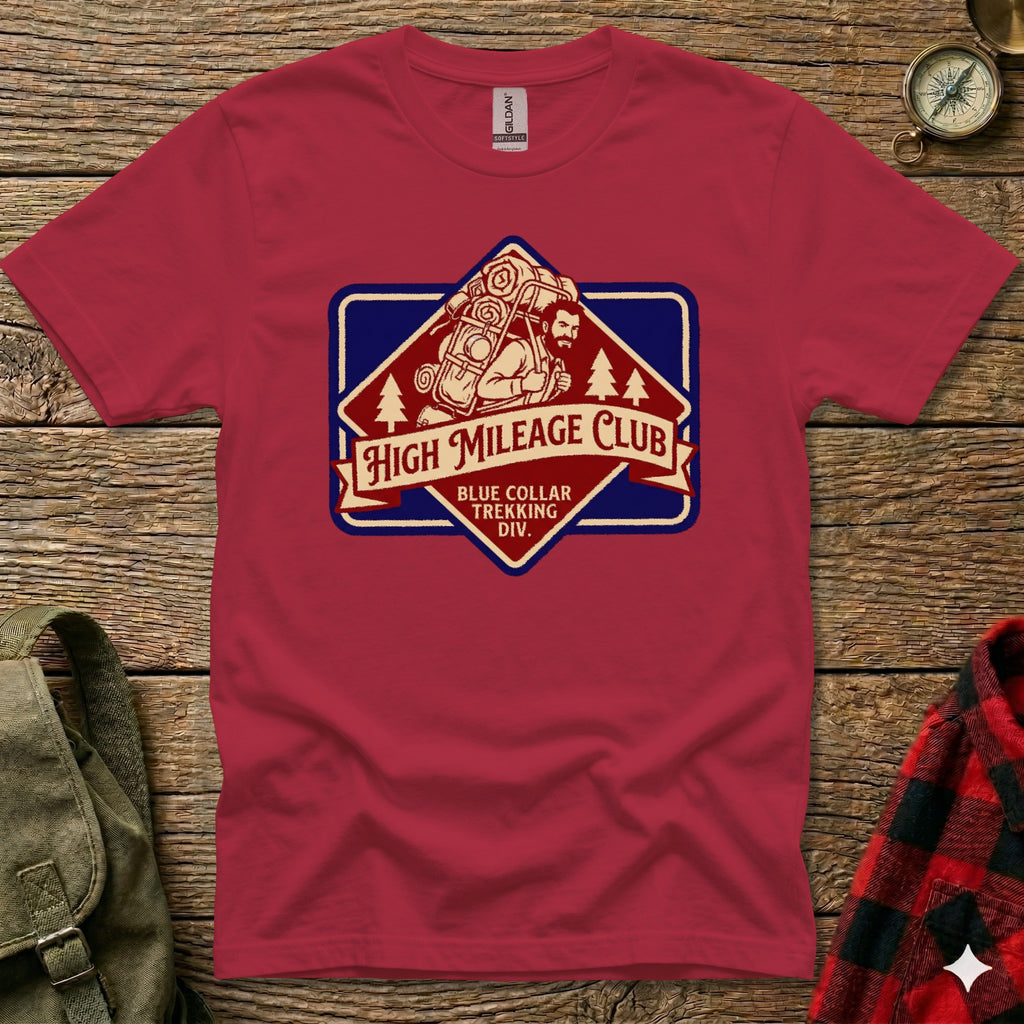 T-shirt with High Mileage Club Blue Collar Trekking Div logo and backpack graphic.