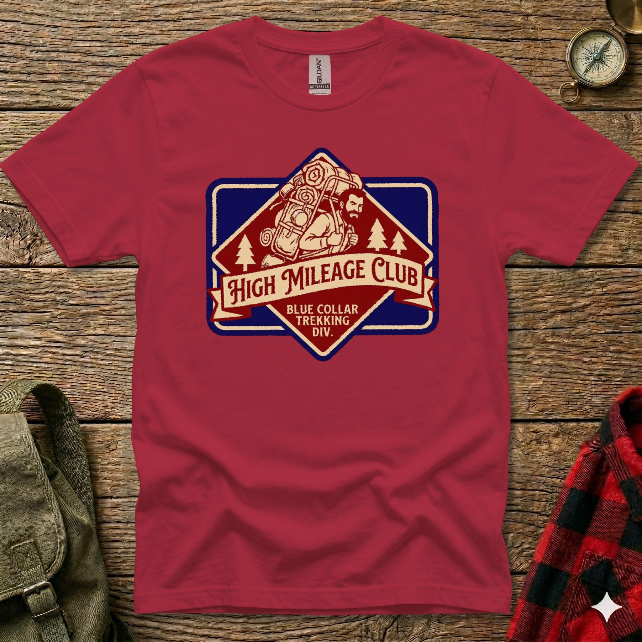 T-shirt with High Mileage Club Blue Collar Trekking Div logo and backpack graphic.