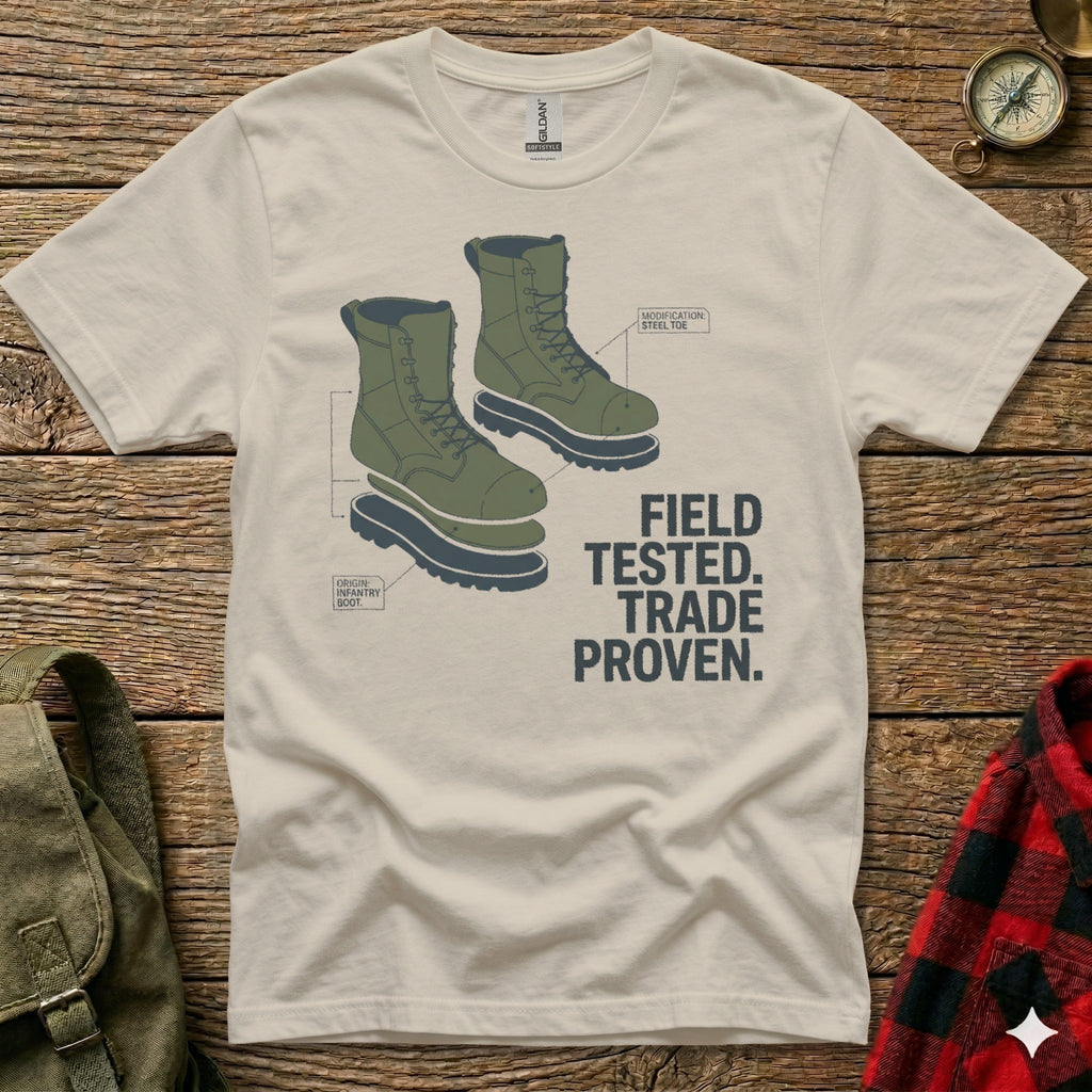 T-shirt with boots graphic and text "FIELD TESTED. TRADE PROVEN."
