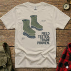T-shirt with boots graphic and text "FIELD TESTED. TRADE PROVEN."