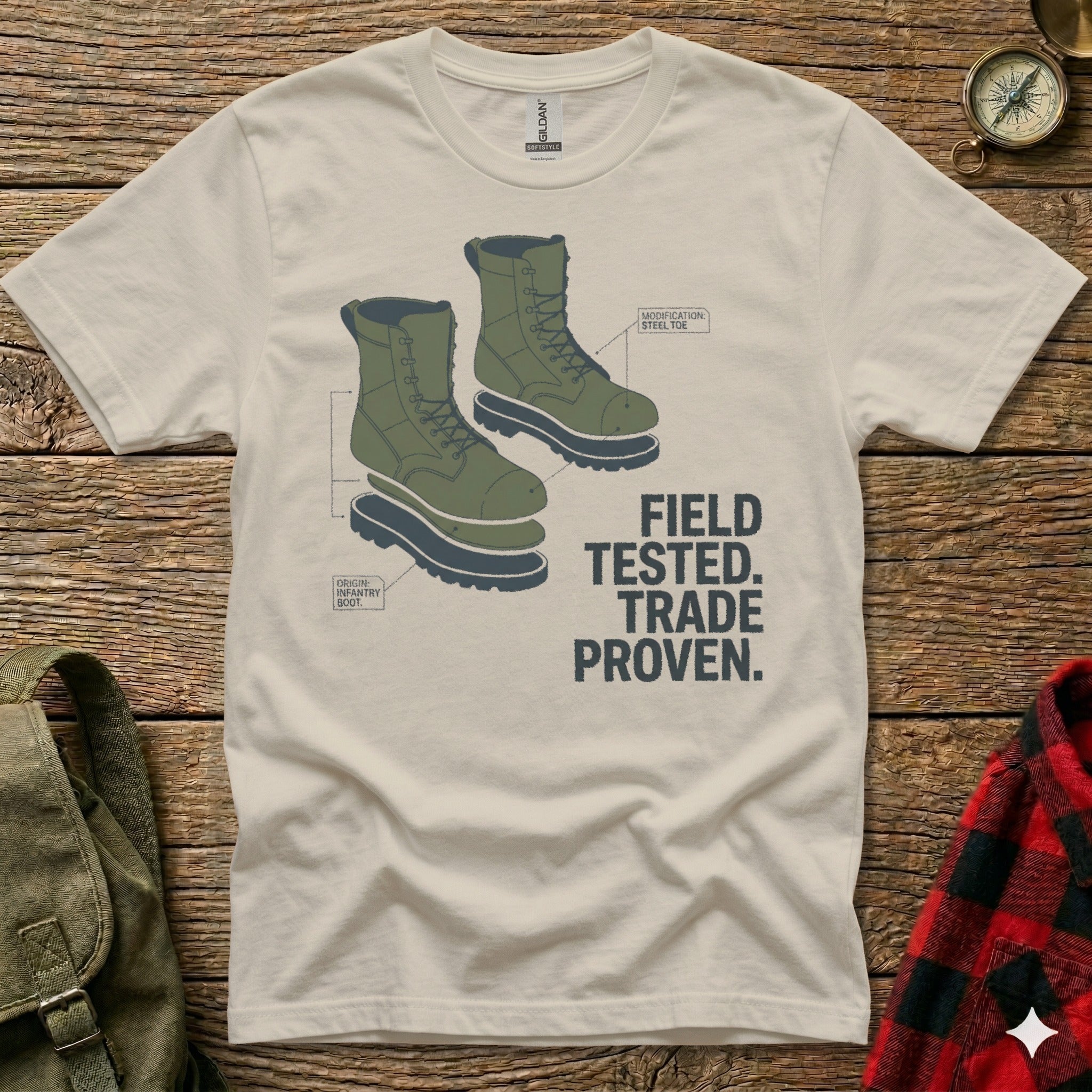 T-shirt with boots graphic and text "FIELD TESTED. TRADE PROVEN."