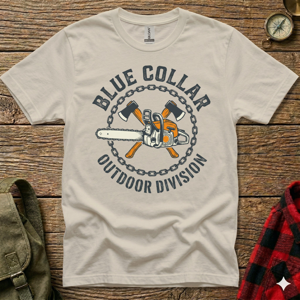 T-shirt with "Blue Collar Outdoor Division" logo featuring a chainsaw and axes.