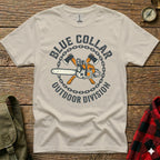 T-shirt with "Blue Collar Outdoor Division" logo featuring a chainsaw and axes.