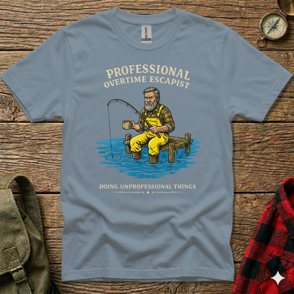 Gray t-shirt with "PROFESSIONAL OVERTIME ESCAPIST" and fishing graphic.