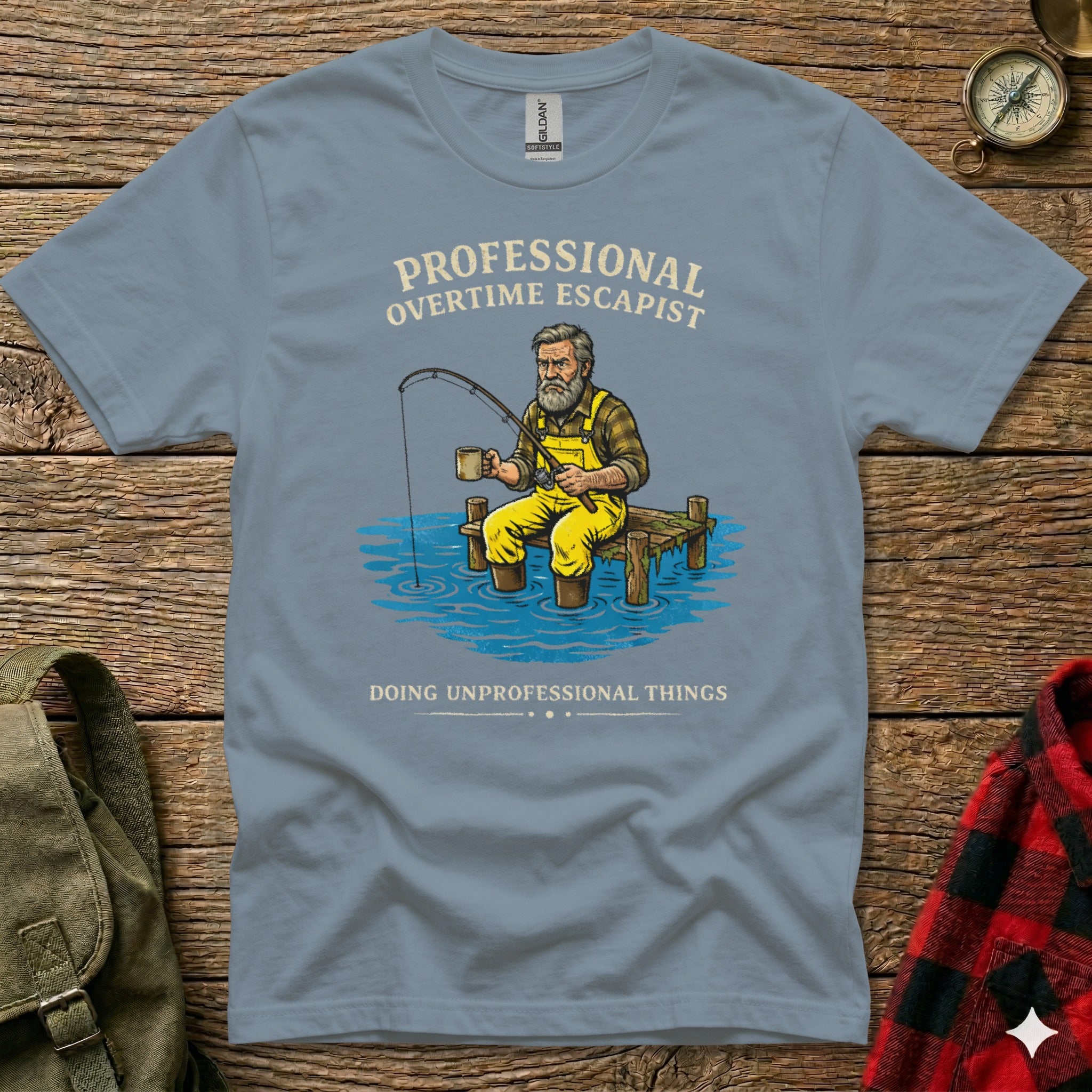 Gray t-shirt with "PROFESSIONAL OVERTIME ESCAPIST" and fishing graphic.