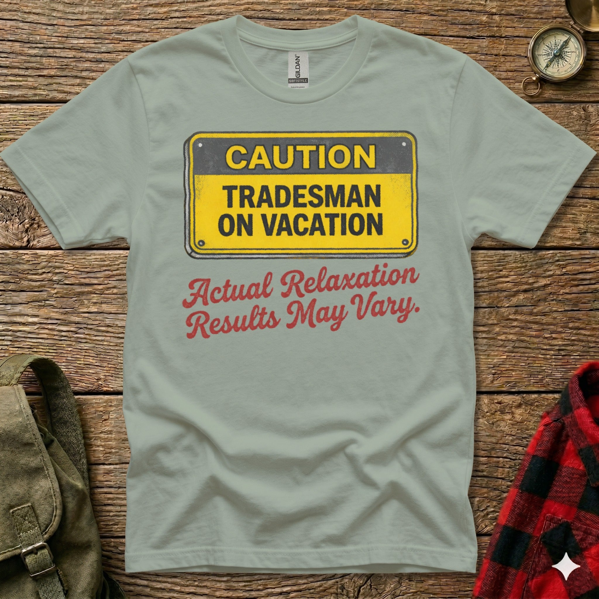T-shirt with yellow and black caution sign: Tradesman on Vacation.
