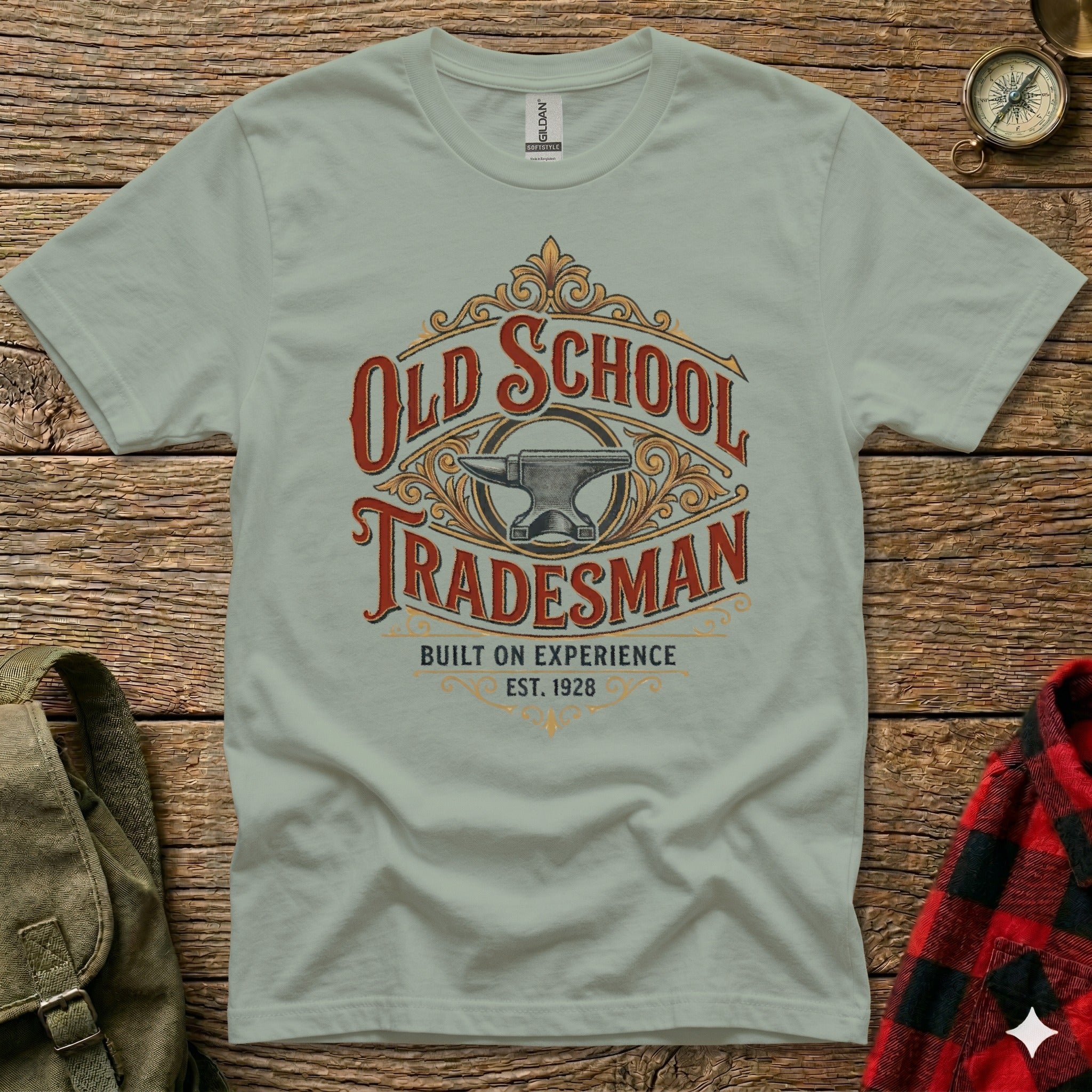 Grey t-shirt with "Old School Tradesman" and anvil graphic.