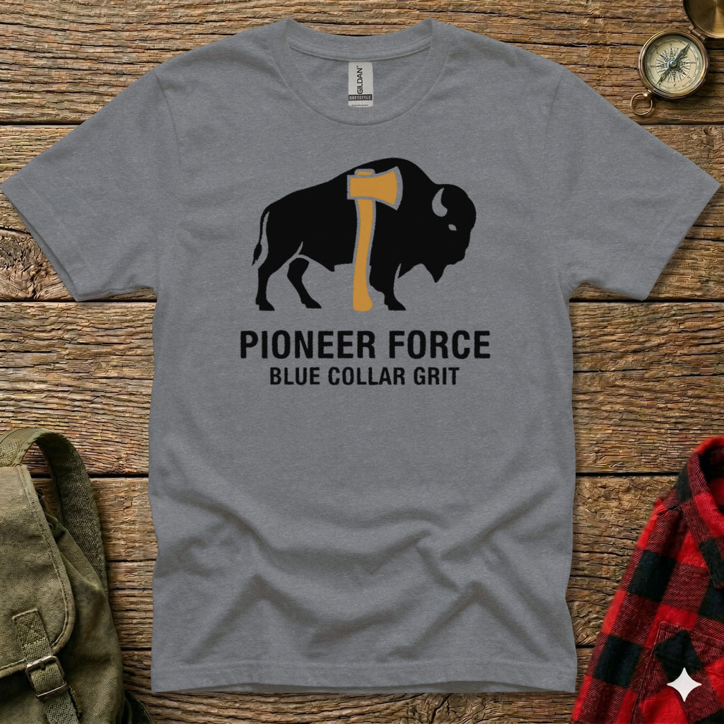 Gray t-shirt with a black buffalo and axe logo and text "PIONEER FORCE BLUE COLLAR GRIT".