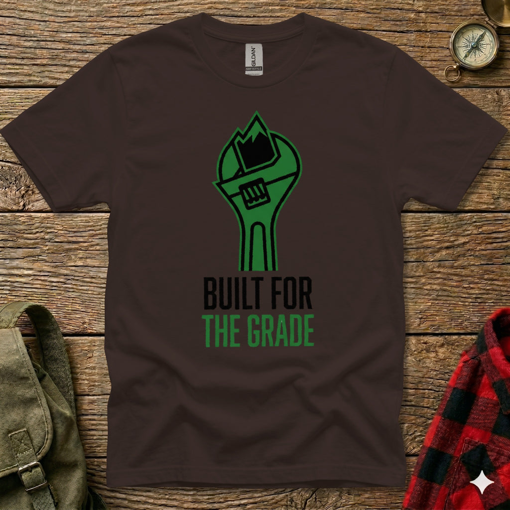 Brown t-shirt with green wrench graphic and "BUILT FOR THE GRADE" text.
