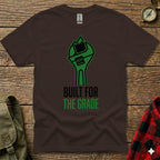 Brown t-shirt with green wrench graphic and "BUILT FOR THE GRADE" text.