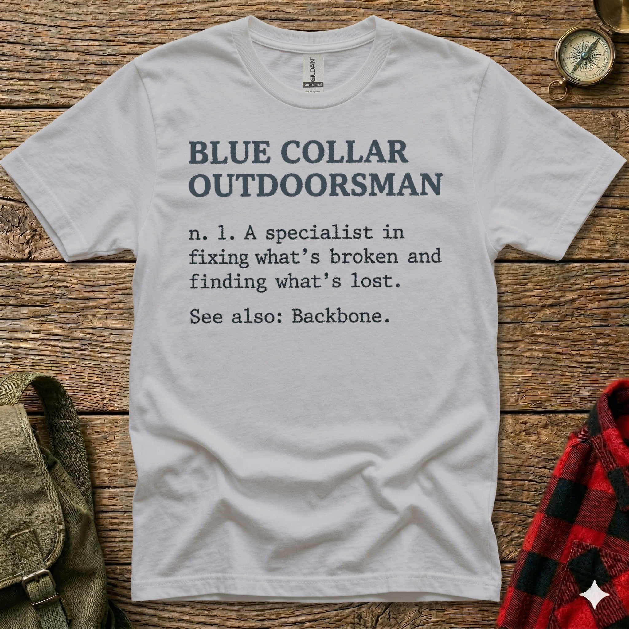 White t-shirt with "Blue Collar Outdoorsman" text and definition.