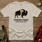 Cream t-shirt with buffalo and axe logo, "PIONEER FORCE" and "BLUE COLLAR GRIT".