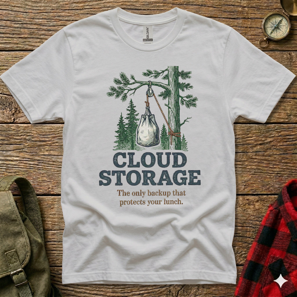 White t-shirt with "Cloud Storage" text and illustration of lunch bag hanging from tree.