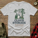 White t-shirt with "Cloud Storage" text and illustration of lunch bag hanging from tree.