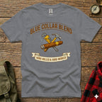 Blue Collar Blend hand-rolled and hard-worked graphic on a grey t-shirt.