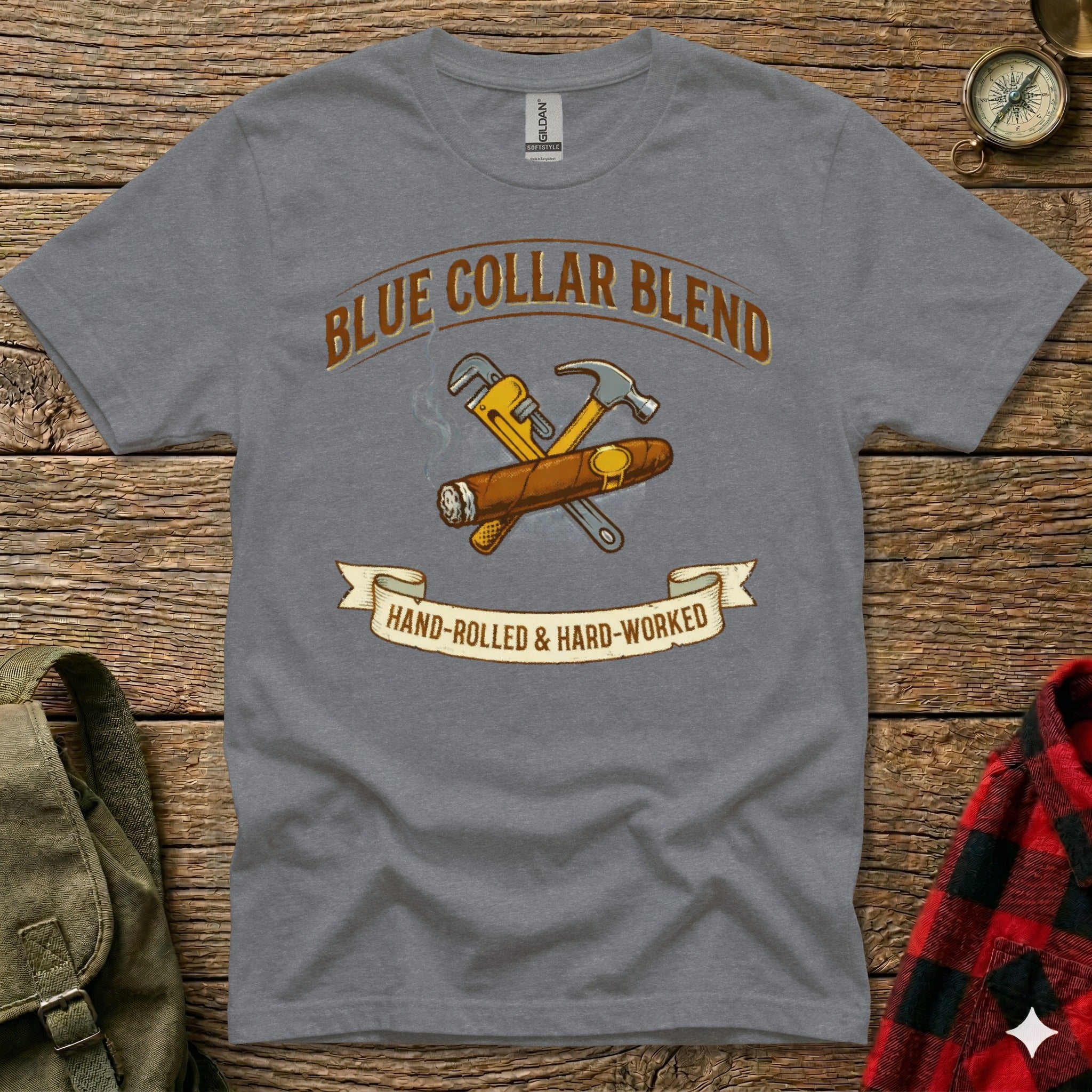 Blue Collar Blend hand-rolled and hard-worked graphic on a grey t-shirt.