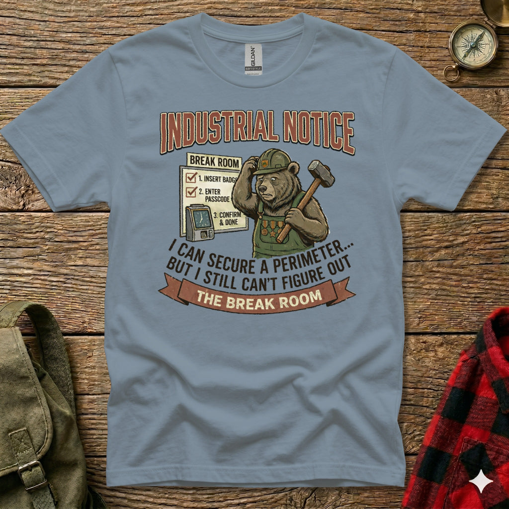 T-shirt with graphic of bear in hard hat, hammer, and break room notice.
