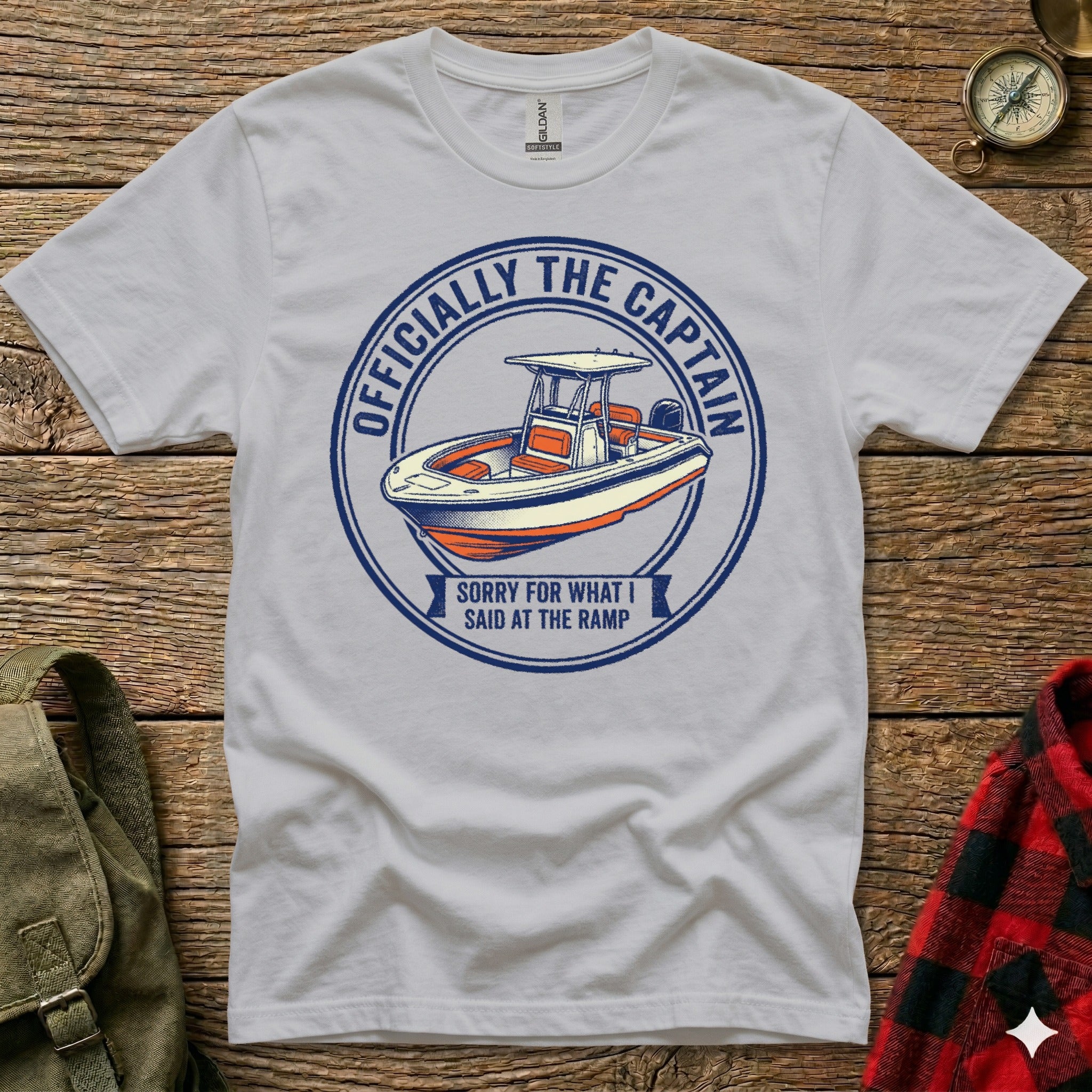 T-shirt with "Officially the Captain" and "Sorry for what I said at the ramp" text.