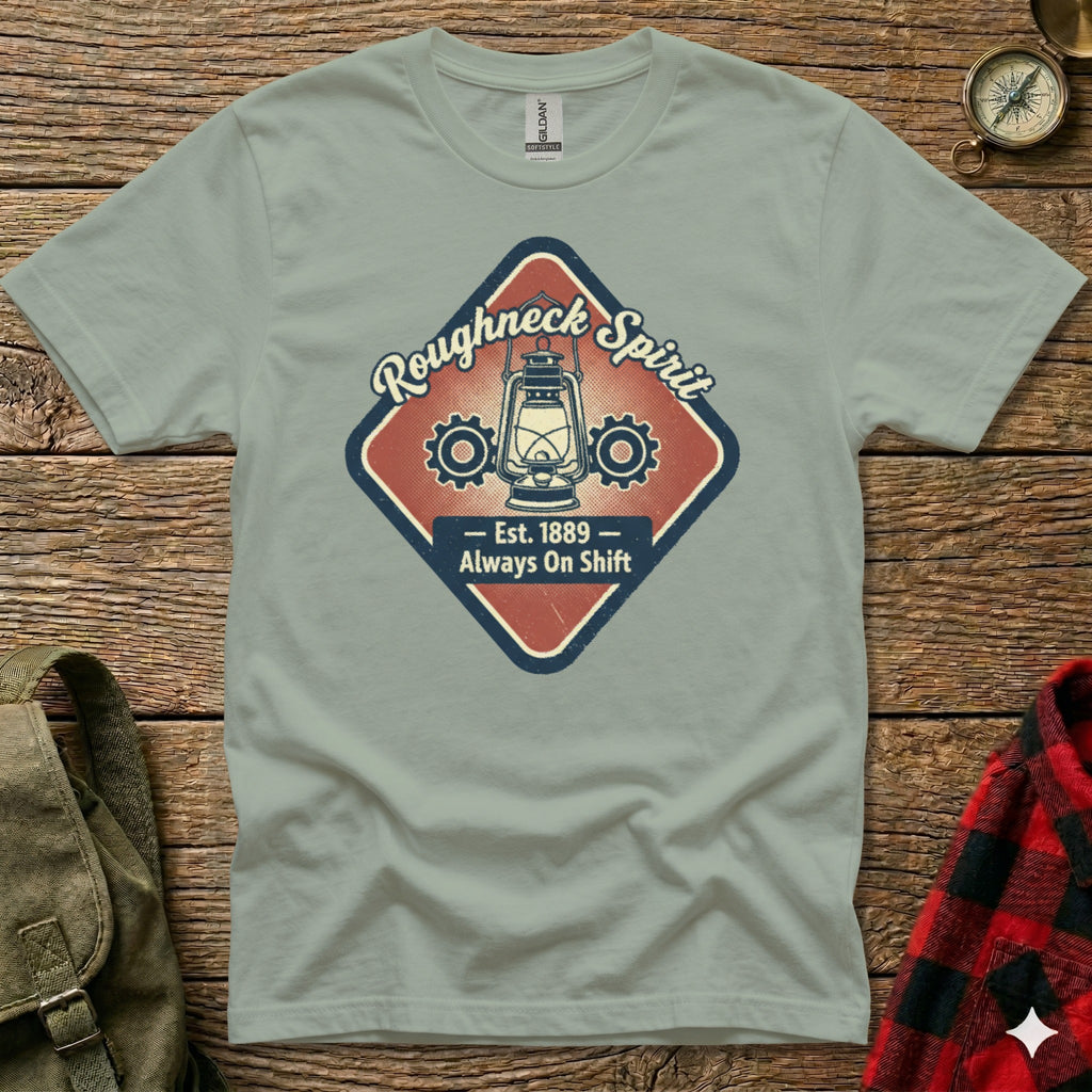 Gray t-shirt with "Roughneck Spirit - Est. 1889 - Always On Shift" and gear graphic.