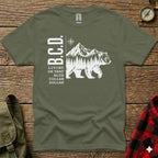 T-shirt with white graphic of a bear, mountains, and text "B.C.D. Living on that blue collar dollar."