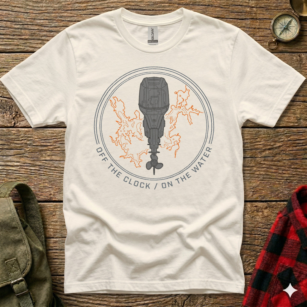 White t-shirt with outboard motor graphic and text "OFF THE CLOCK / ON THE WATER".