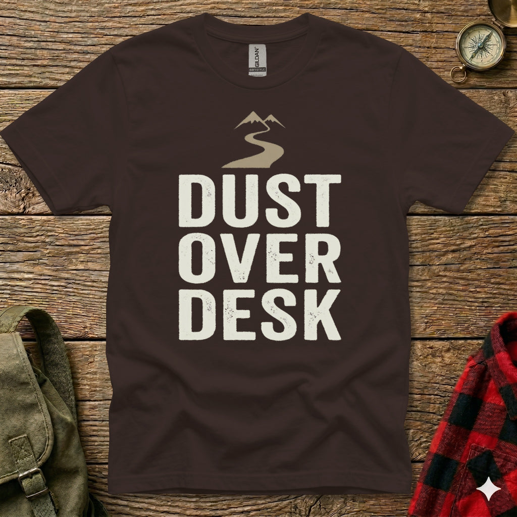 Brown t-shirt with "Dust Over Desk" text and mountain graphic.