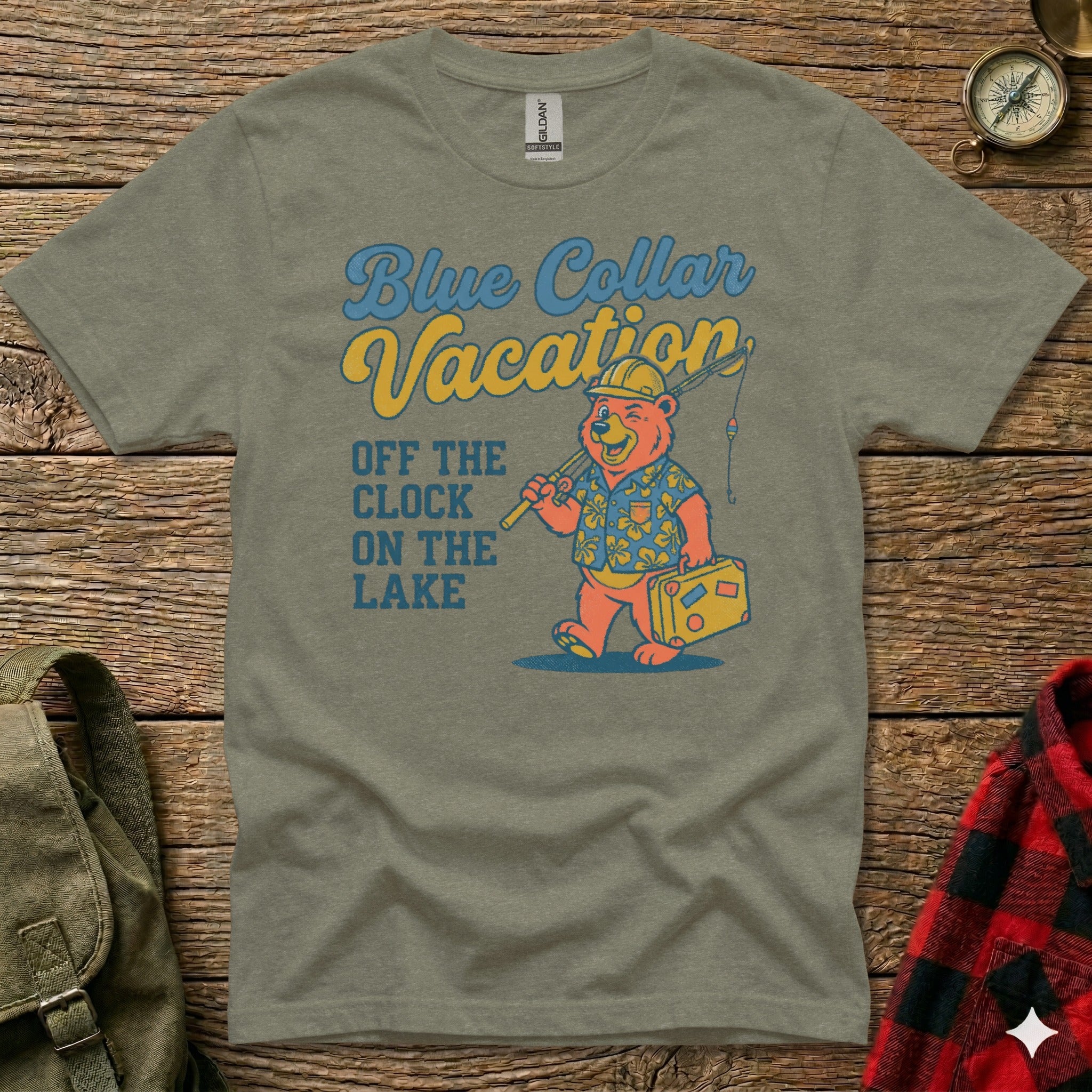 T-shirt graphic: bear wearing sunglasses and hat, holding fishing pole and suitcase.