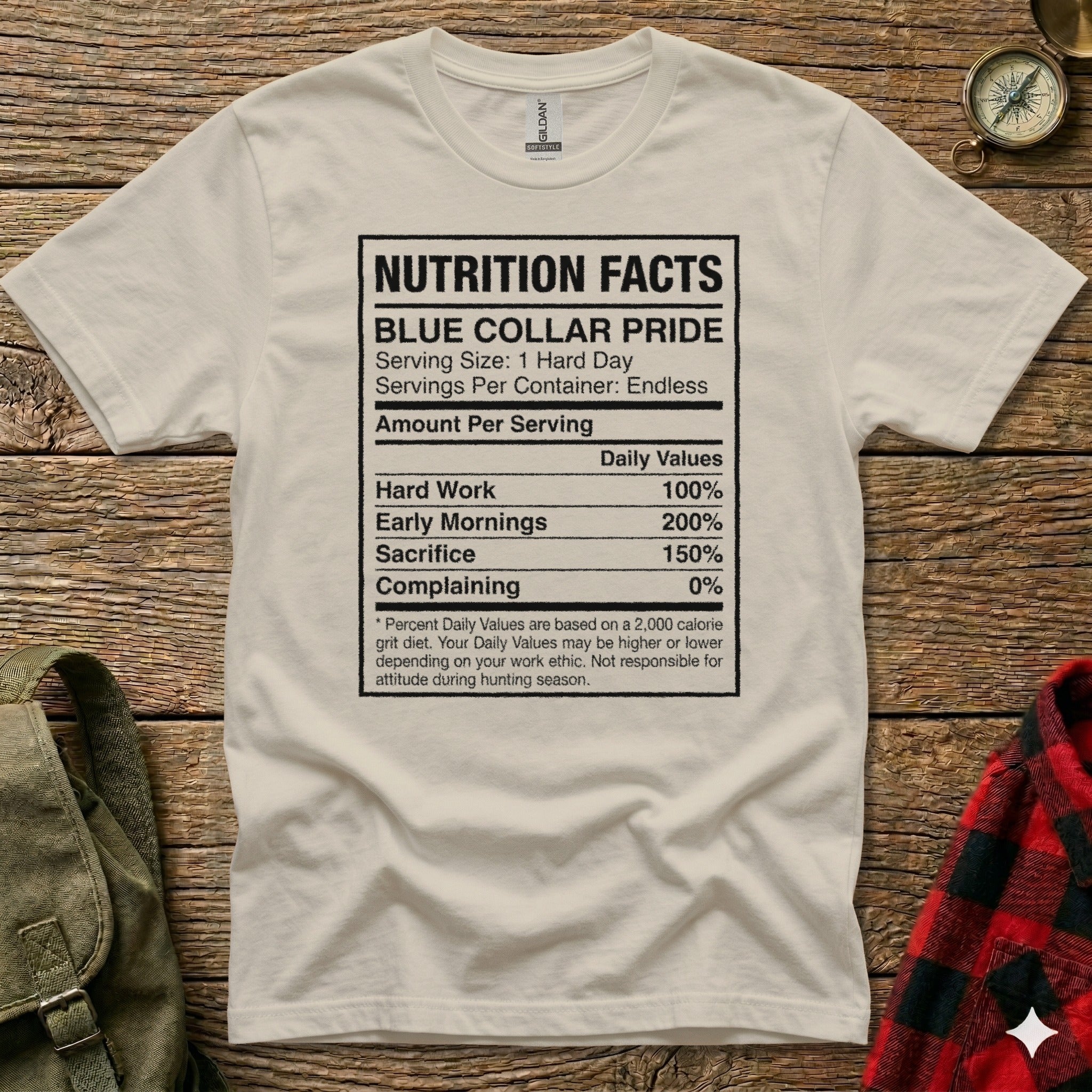 White t-shirt with "Nutrition Facts: Blue Collar Pride" design.
