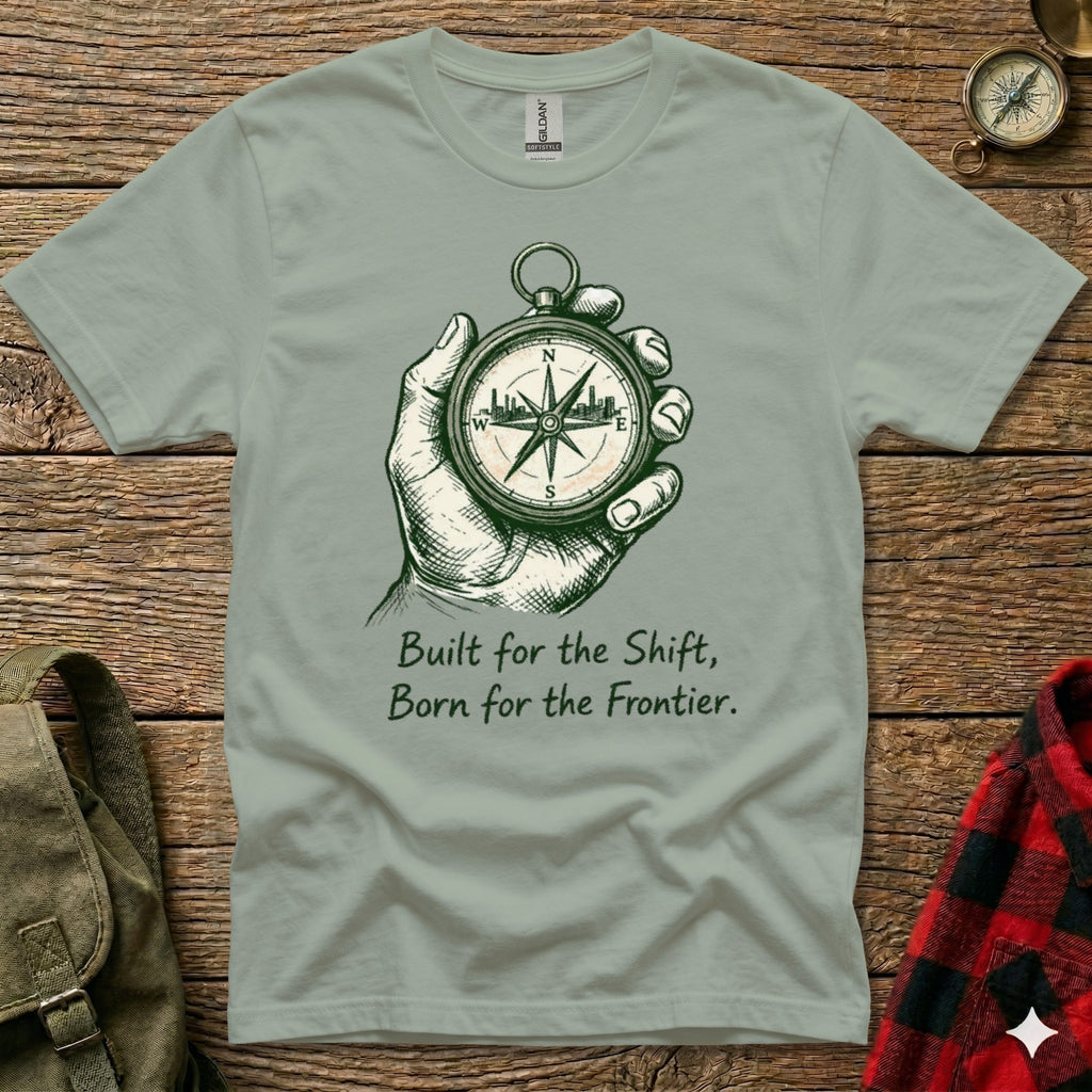 T-shirt with hand holding a compass and text "Built for the Shift, Born for the Frontier."