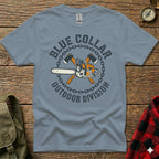 Gray t-shirt with "Blue Collar Outdoor Division" text and chainsaw and axe graphic.