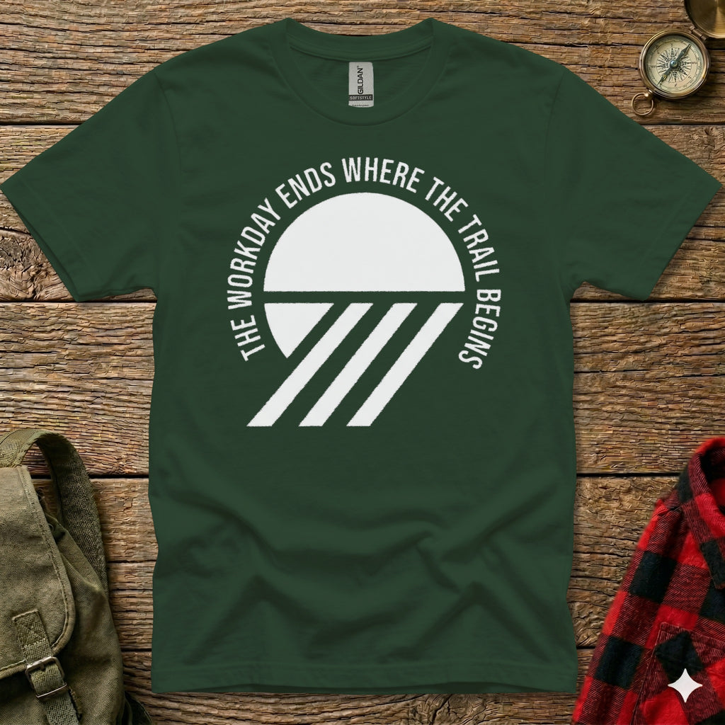 Green t-shirt with "The workday ends where the trail begins" text and white stripes.