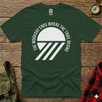 Green t-shirt with "The workday ends where the trail begins" text and white stripes.