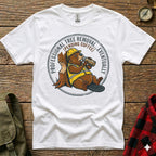 Beaver wearing hard hat drinks coffee, text reads "Professional tree removal (pending coffee)".