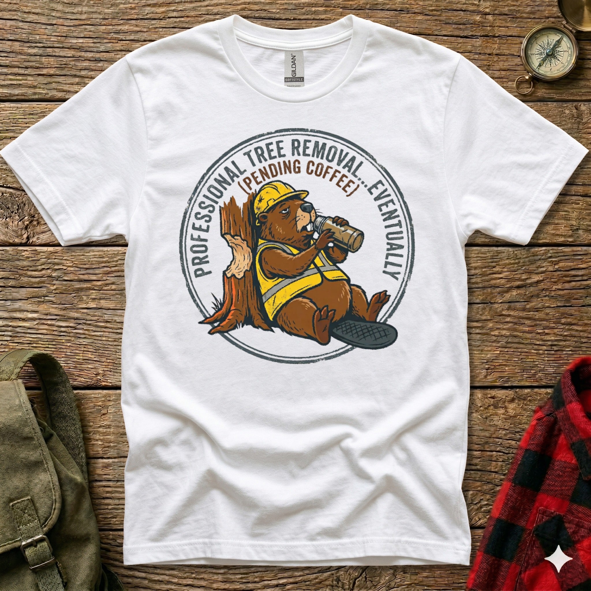 Beaver wearing hard hat drinks coffee, text reads "Professional tree removal (pending coffee)".