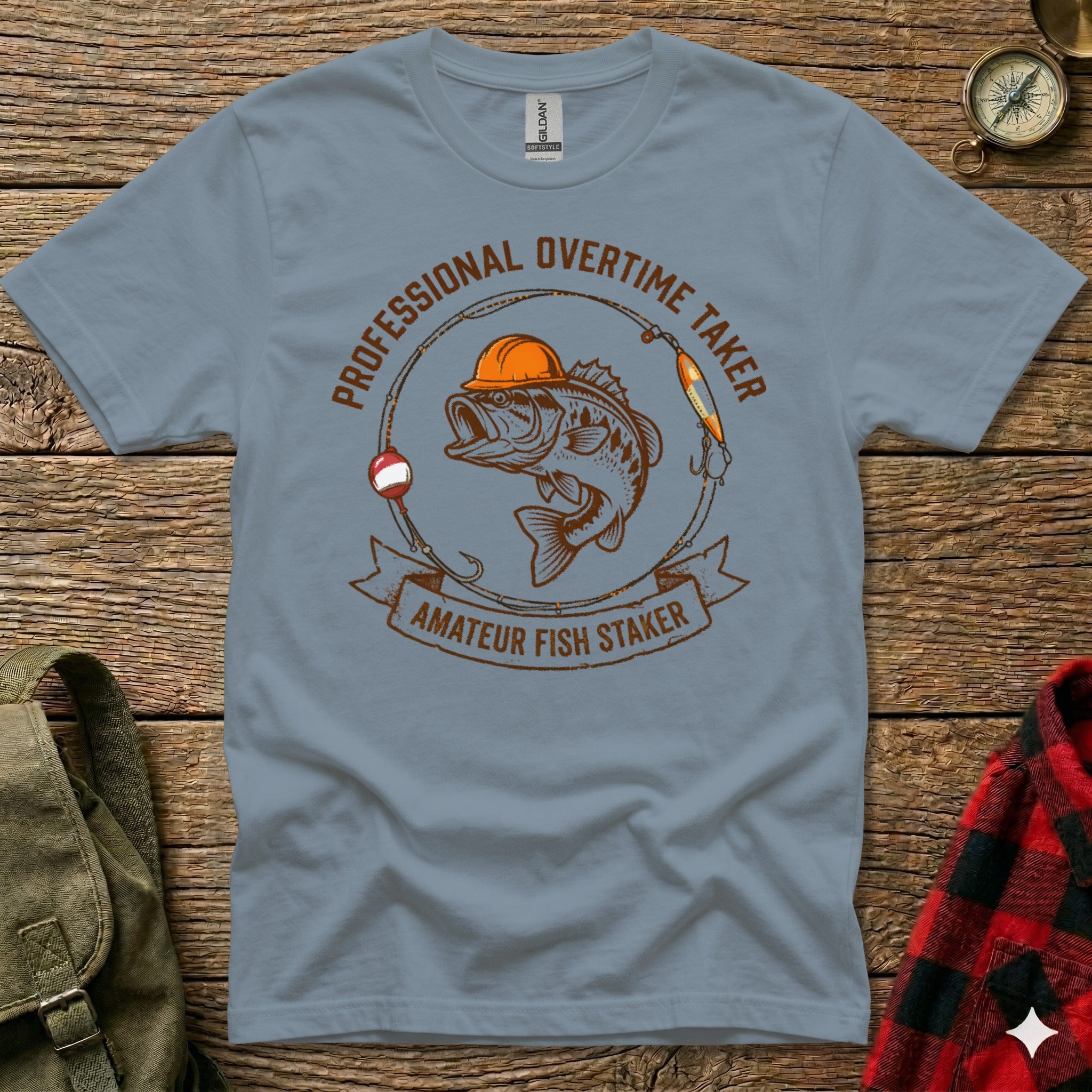 Gray t-shirt with "Professional Overtime Taker Amateur Fish Staker" text and fish graphic.
