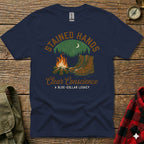 Navy t-shirt with campfire, boots, and text "STAINED HANDS CLEAR CONSCIENCE A BLUE-COLLAR LEGACY".