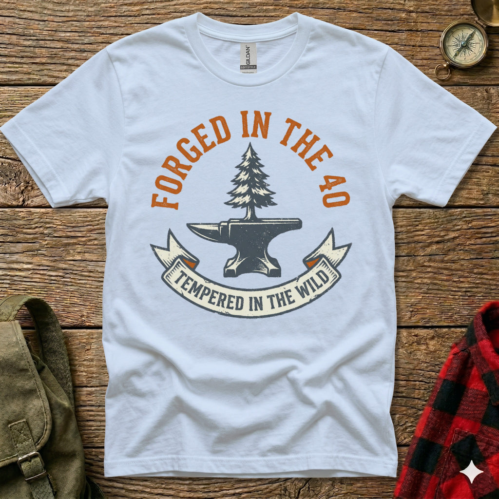 White t-shirt with "Forged in the 40" and anvil design.