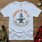 White t-shirt with "Forged in the 40" and anvil design.